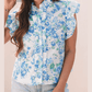 Keesha Sky Blue Floral Print Ruffle Sleeve Frilly Button Up Shirt