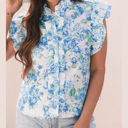 Keesha Sky Blue Floral Print Ruffle Sleeve Frilly Button Up Shirt