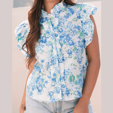 Keesha Sky Blue Floral Print Ruffle Sleeve Frilly Button Up Shirt