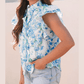Keesha Sky Blue Floral Print Ruffle Sleeve Frilly Button Up Shirt