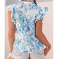 Keesha Sky Blue Floral Print Ruffle Sleeve Frilly Button Up Shirt
