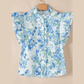 Keesha Sky Blue Floral Print Ruffle Sleeve Frilly Button Up Shirt