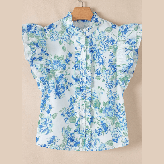Keesha Sky Blue Floral Print Ruffle Sleeve Frilly Button Up Shirt