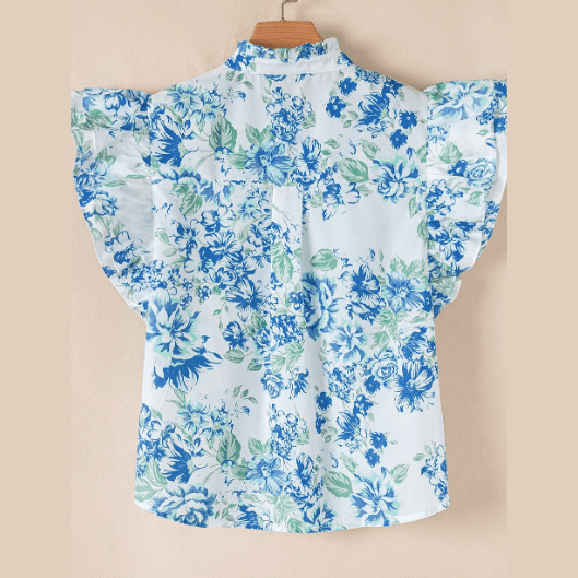 Keesha Sky Blue Floral Print Ruffle Sleeve Frilly Button Up Shirt