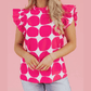 Isadora Bubblegum Pattern Frilled Collar Flutter Sleeve Top