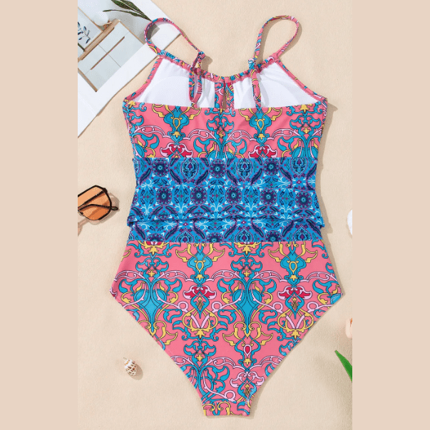 Cyril Blue Geometric Print Hollow Out Knotted Waist One Piece Swimsuit