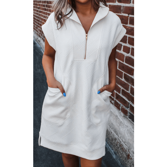 Kerri White Textured Half Zip Collared Cap Sleeve Mini Dress