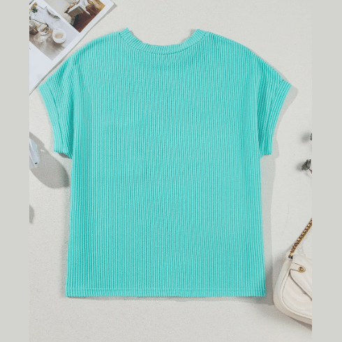 Noelle Mint Corded Knit Color Block Pocketed Crew Neck T Shirt