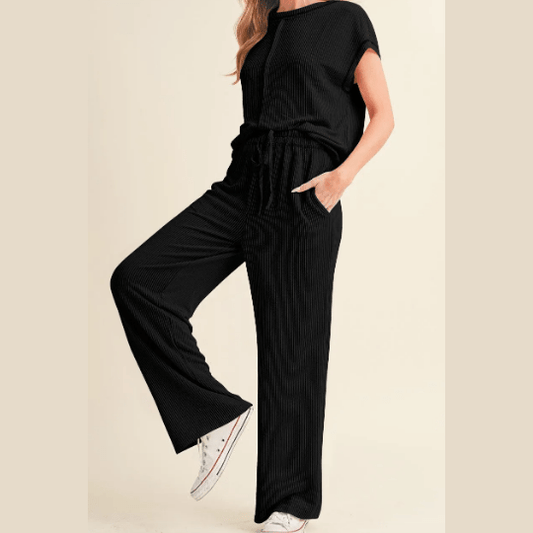 Trix Black Corded Short Sleeve Top and Casual Pants Set