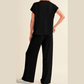 Trix Black Corded Short Sleeve Top and Casual Pants Set