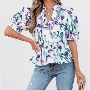 Milly Purple Floral Ricrac Trim Half Sleeve Peplum Top