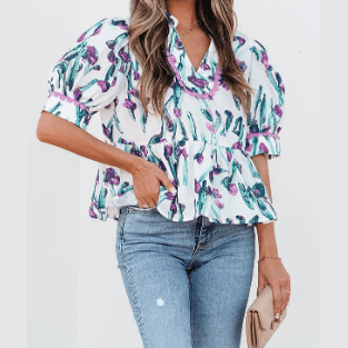 Milly Purple Floral Ricrac Trim Half Sleeve Peplum Top