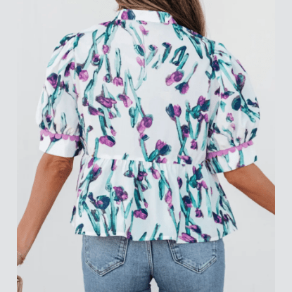 Milly Purple Floral Ricrac Trim Half Sleeve Peplum Top