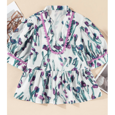 Milly Purple Floral Ricrac Trim Half Sleeve Peplum Top