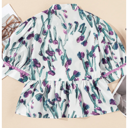 Milly Purple Floral Ricrac Trim Half Sleeve Peplum Top