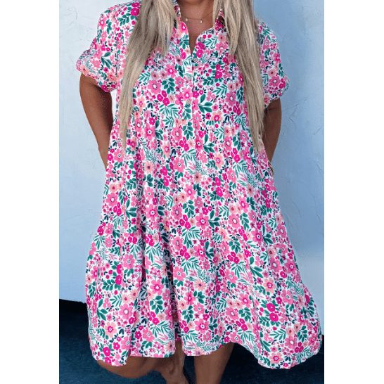 Donda Floral Half Button Short Puff Sleeve A-line PLUS SIZE Dress