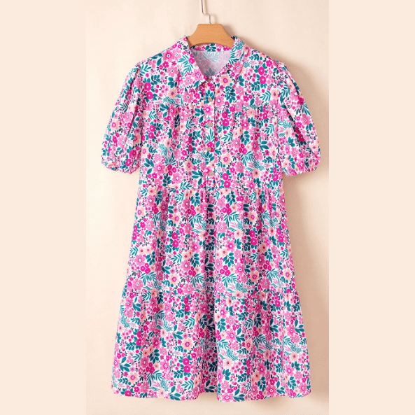 Donda Floral Half Button Short Puff Sleeve A-line PLUS SIZE Dress