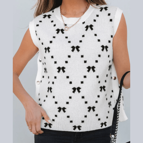 REDUCED!!!  Jessamine White Bow Pattern Buttoned Side Cropped Sweater  REDUCED!!!