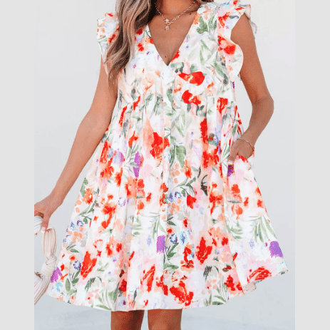Deany Pink Floral Double Ruffle Sleeve V Neck High Waist Mini Dress