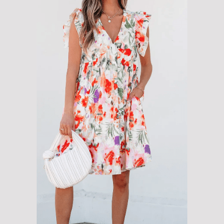 Deany Pink Floral Double Ruffle Sleeve V Neck High Waist Mini Dress