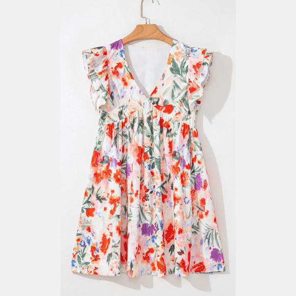 Deany Pink Floral Double Ruffle Sleeve V Neck High Waist Mini Dress