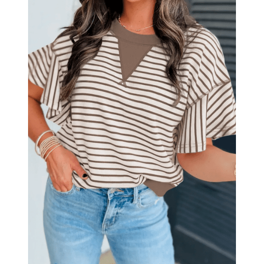 Maritsa Brown Contrast Detail Striped Ruffle Short Sleeve Top