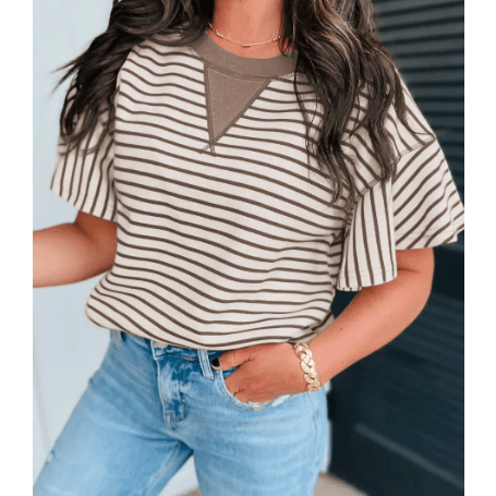 Maritsa Brown Contrast Detail Striped Ruffle Short Sleeve Top