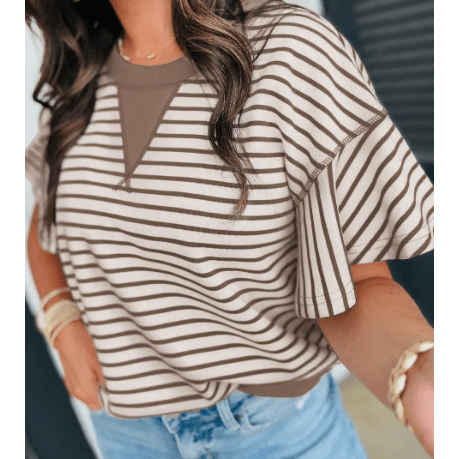 Maritsa Brown Contrast Detail Striped Ruffle Short Sleeve Top