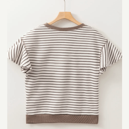Maritsa Brown Contrast Detail Striped Ruffle Short Sleeve Top