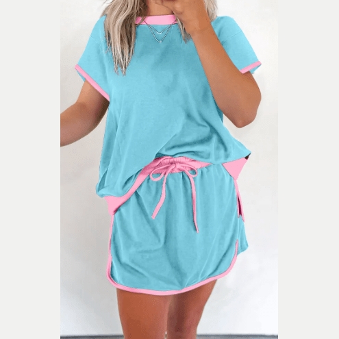Jolena Blue Colorblock Edge Drop Shoulder T Shirt and Skort 2Pcs Set