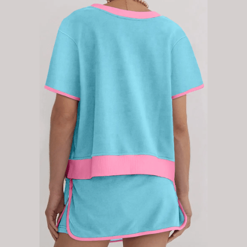 Jolena Blue Colorblock Edge Drop Shoulder T Shirt and Skort 2Pcs Set