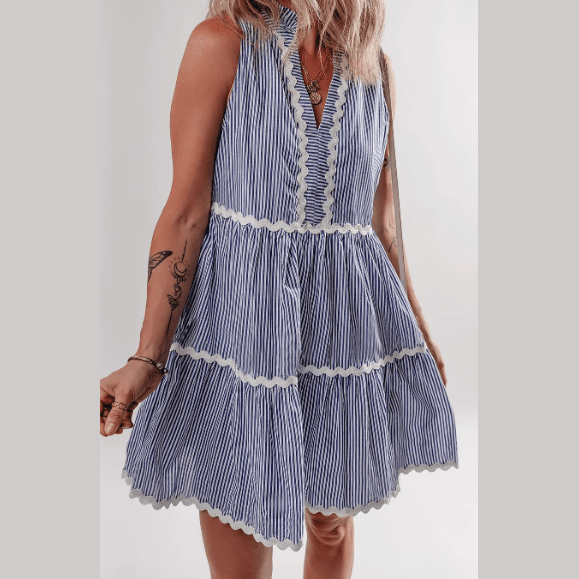 Astrid Blue Stripe Sleeveless Notched V Neck Contrast Ric Rac Mini Dress