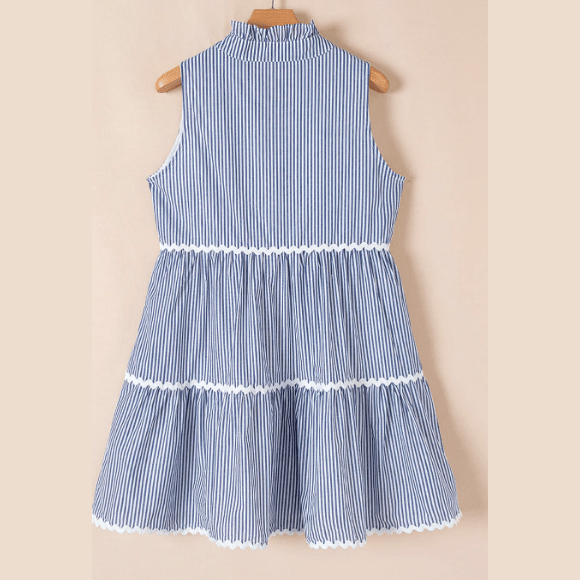 Astrid Blue Stripe Sleeveless Notched V Neck Contrast Ric Rac Mini Dress