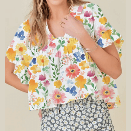 Camilla Yellow Floral Boxy Fit Ruffled Short Sleeve V Neck Blouse