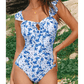 Mady Blue Floral Ruffled Strap Lace-up Hollow Out One Piece Swimsuit