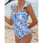 Mady Blue Floral Ruffled Strap Lace-up Hollow Out One Piece Swimsuit