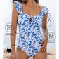 Mady Blue Floral Ruffled Strap Lace-up Hollow Out One Piece Swimsuit