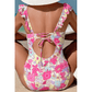 Racquel Pink Floral Ruffle Trim V Neck Lace-up Back Tummy Control One Piece Swimsuit
