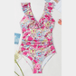 Racquel Pink Floral Ruffle Trim V Neck Lace-up Back Tummy Control One Piece Swimsuit