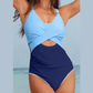 Selena Beau Blue Ric Rac Trim Contrasted Patchwork Cutout One Piece Swimsuit