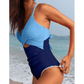 Selena Beau Blue Ric Rac Trim Contrasted Patchwork Cutout One Piece Swimsuit