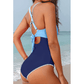 Selena Beau Blue Ric Rac Trim Contrasted Patchwork Cutout One Piece Swimsuit