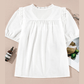 Jedda White Embroidered Lace Patchwork Tie Neck Puff Short Sleeve Blouse