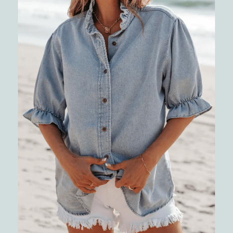Bexie Beau Blue Ruffle Short Puff Sleeve Summer Chambray Shirt