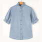 Bexie Beau Blue Ruffle Short Puff Sleeve Summer Chambray Shirt