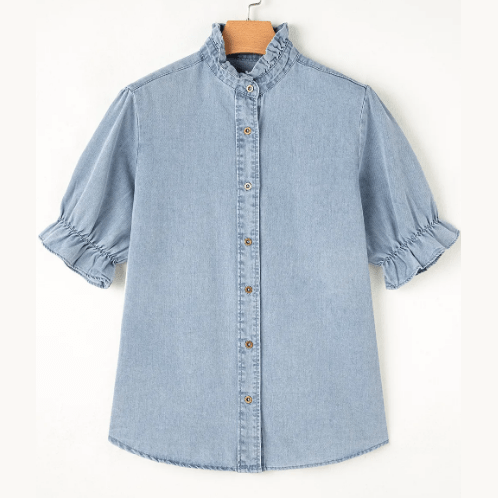 Bexie Beau Blue Ruffle Short Puff Sleeve Summer Chambray Shirt