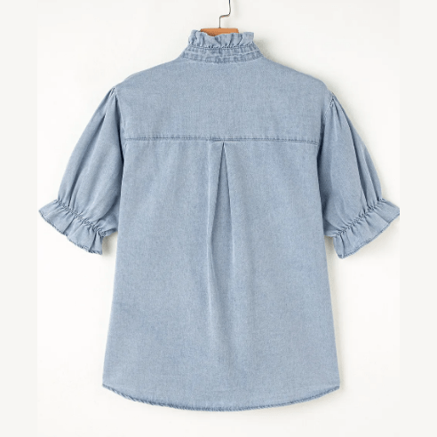 Bexie Beau Blue Ruffle Short Puff Sleeve Summer Chambray Shirt
