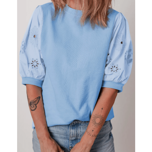 Tailor Beau Blue Eyelet Flower Embroidered Puff Short Sleeve Patchwork Crew Neck Blouse