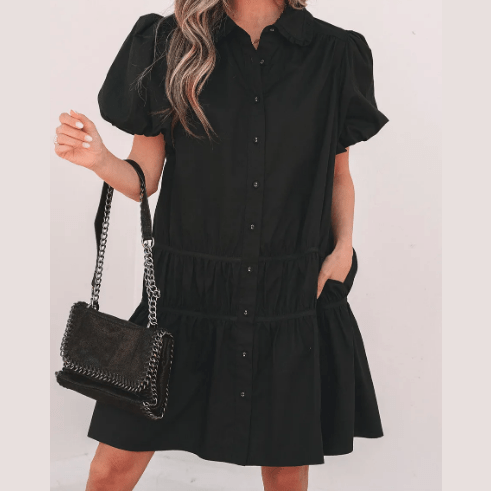 Janna Black Shirt Style Button Down Puff Sleeve Ruffle Hem Dress