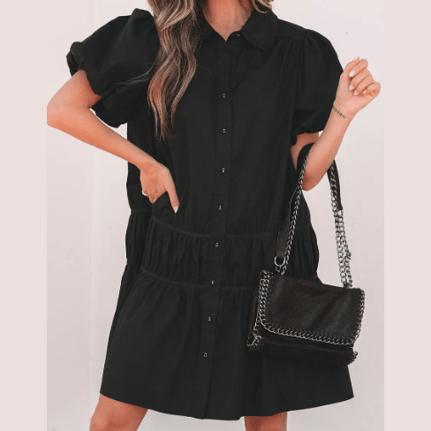 Janna Black Shirt Style Button Down Puff Sleeve Ruffle Hem Dress